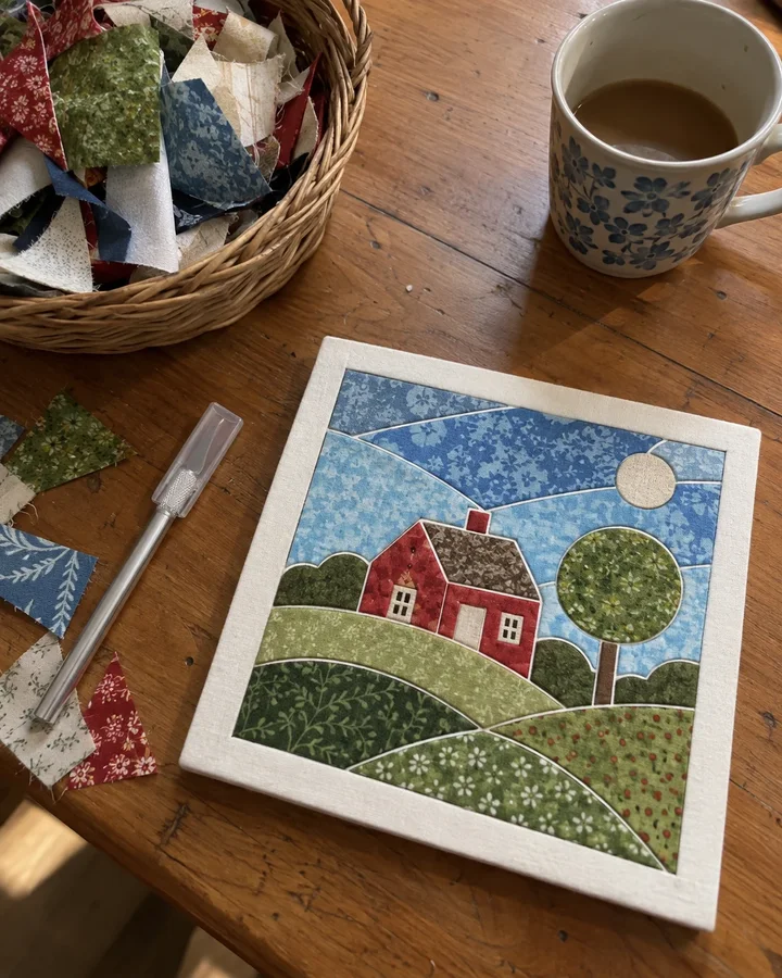 A finished framed fabric cottage piece on a kitchen table