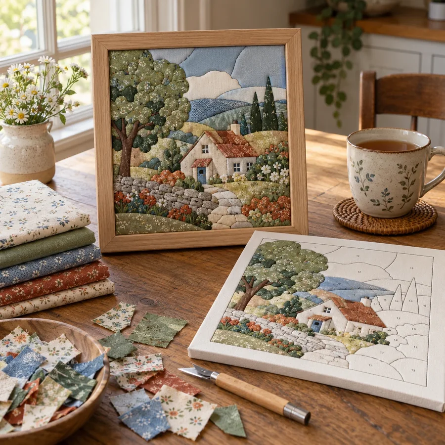 A finished framed kinusaiga cottage scene beside a half-tucked numbered foam board, fabric scraps and a craft knife